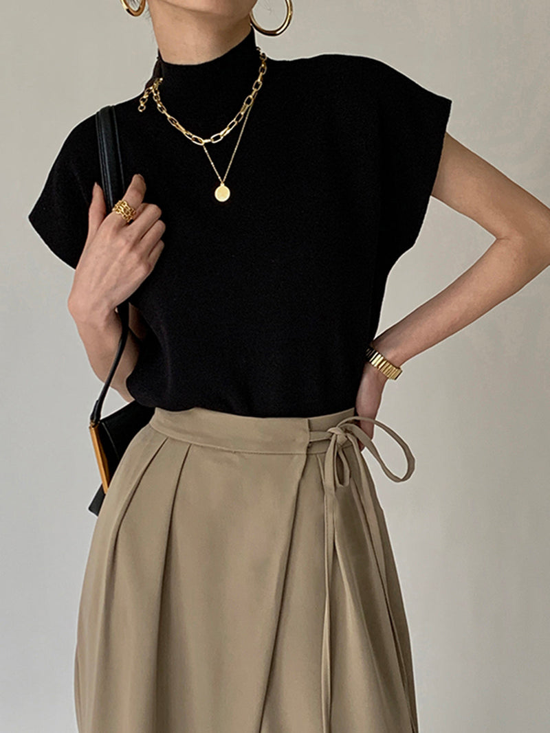 Oriana Extended Shoulder Sleeveless High Neck Knit Top