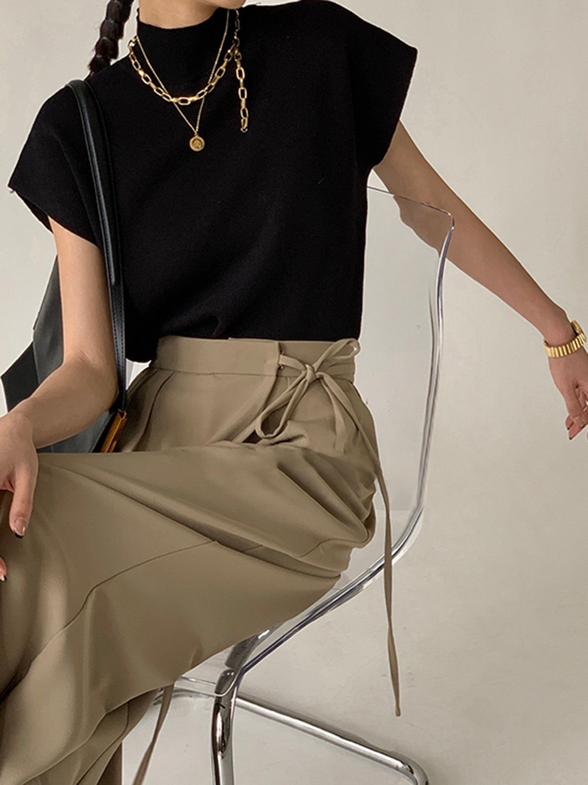 Oriana Extended Shoulder Sleeveless High Neck Knit Top