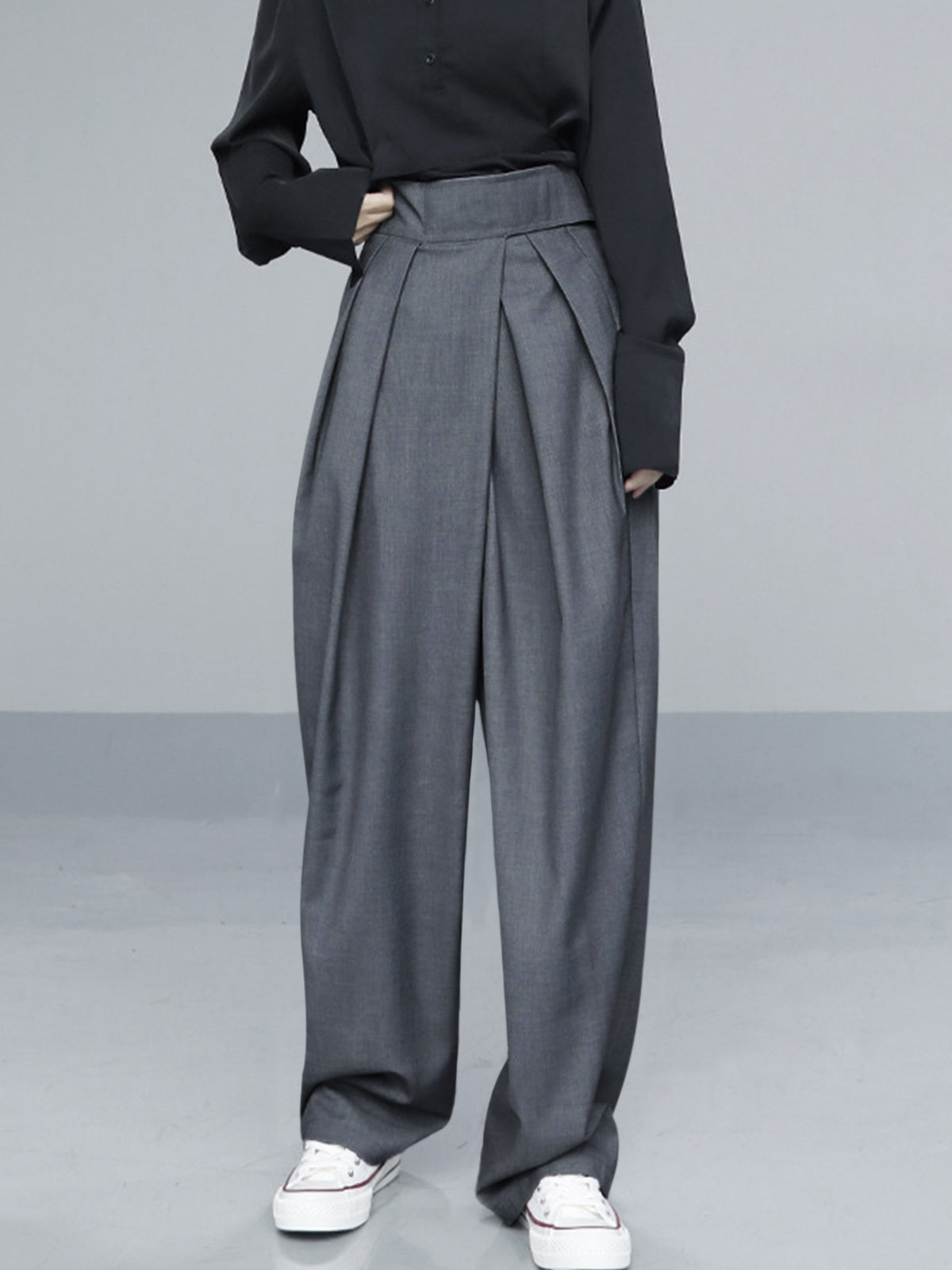 Micheline Deep Double Pleat High Waist Full Wide Leg Trousers - Gray