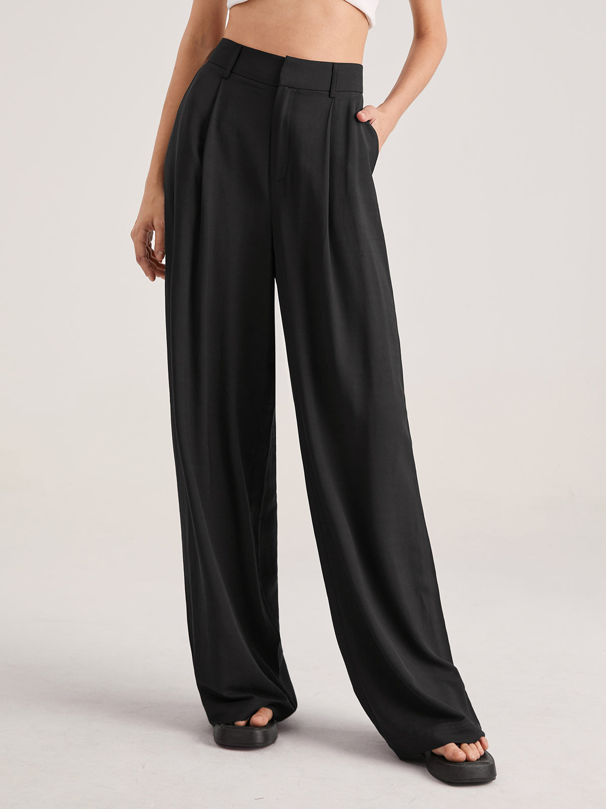 Muriel Elasticated Waist Soft Drape Relaxed Wide Leg Trousers - Black