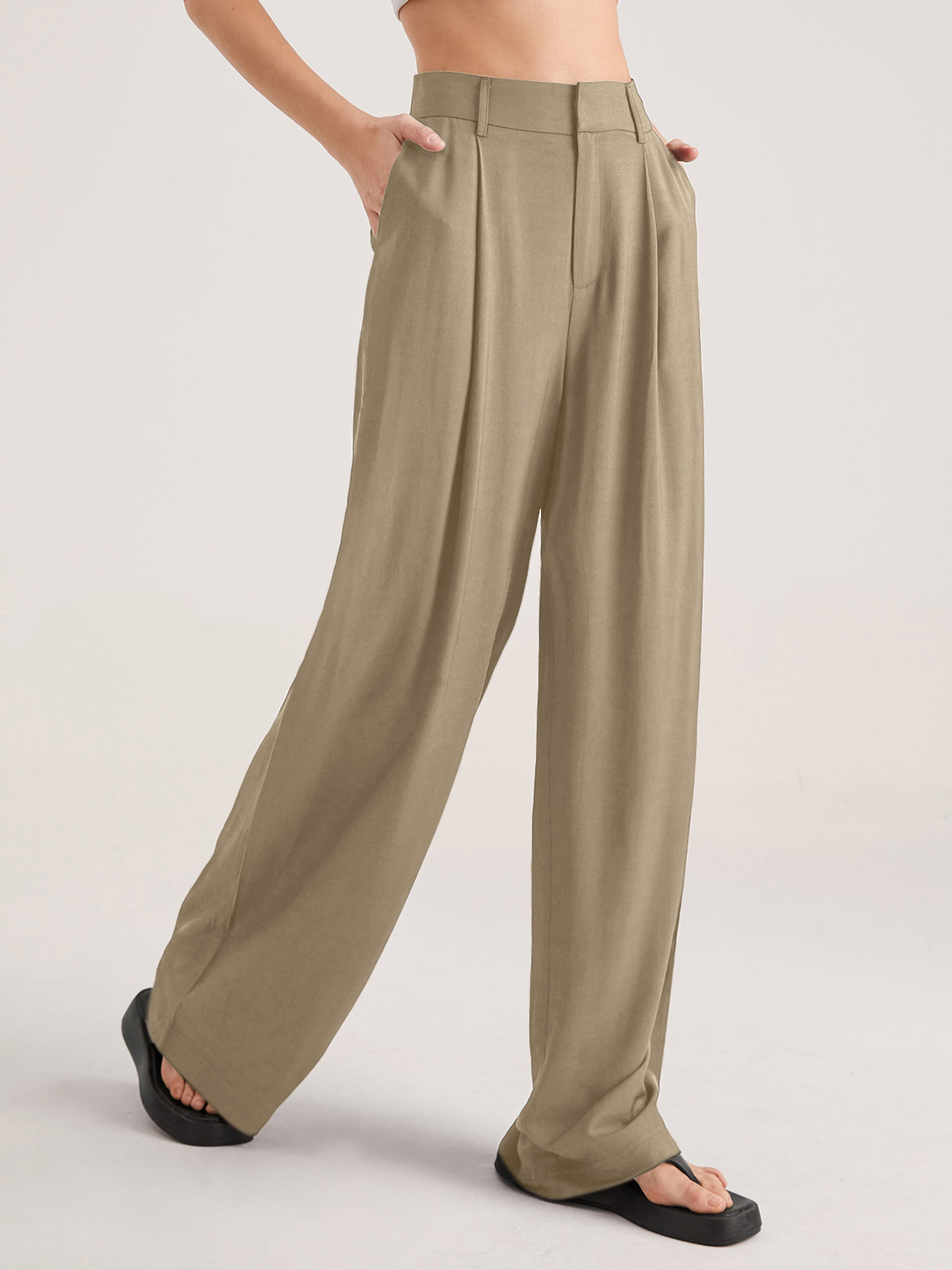 Muriel Elasticated Waist Soft Drape Relaxed Wide Leg Trousers - Beige