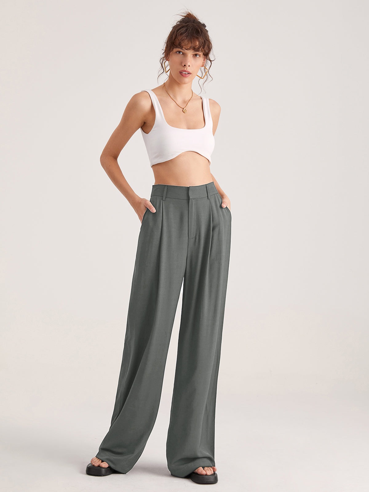 Muriel Elasticated Waist Soft Drape Relaxed Wide Leg Trousers - Gray