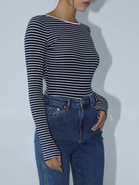Annick Fine Stripe Boat Neck Fitted Long Sleeve Breton Top