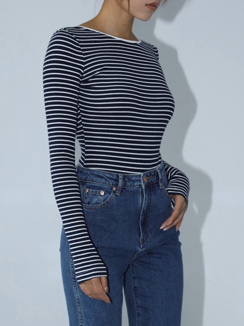 Annick Fine Stripe Boat Neck Fitted Long Sleeve Breton Top