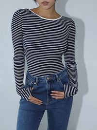 Annick Fine Stripe Boat Neck Fitted Long Sleeve Breton Top