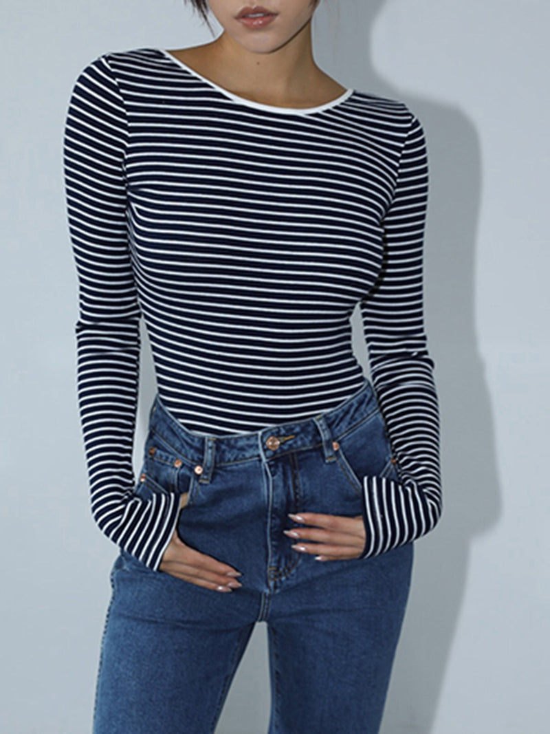 Annick Fine Stripe Boat Neck Fitted Long Sleeve Breton Top