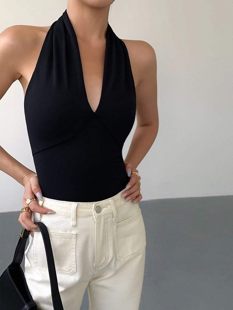 Fabiola Deep Plunge Halter Neck Backless Fitted Bodysuit Top