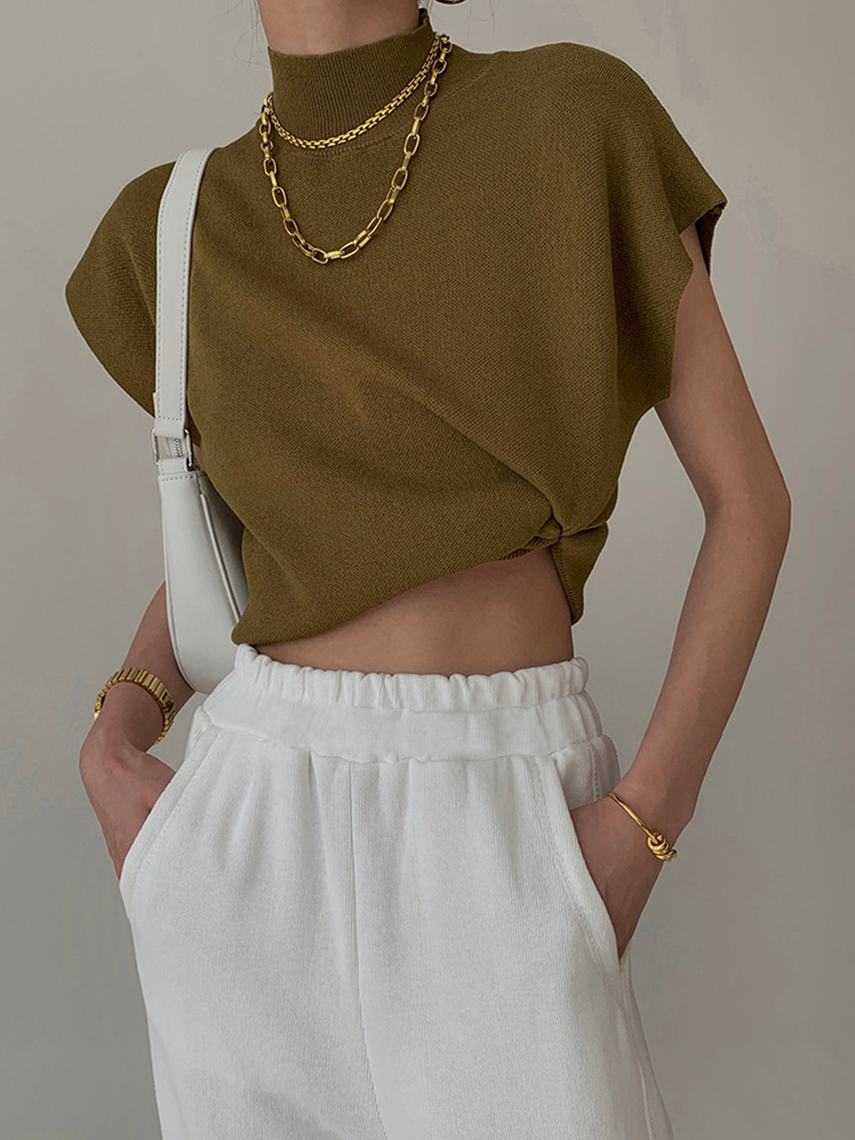 Oriana Extended Shoulder Sleeveless High Neck Knit Top - Light Brown