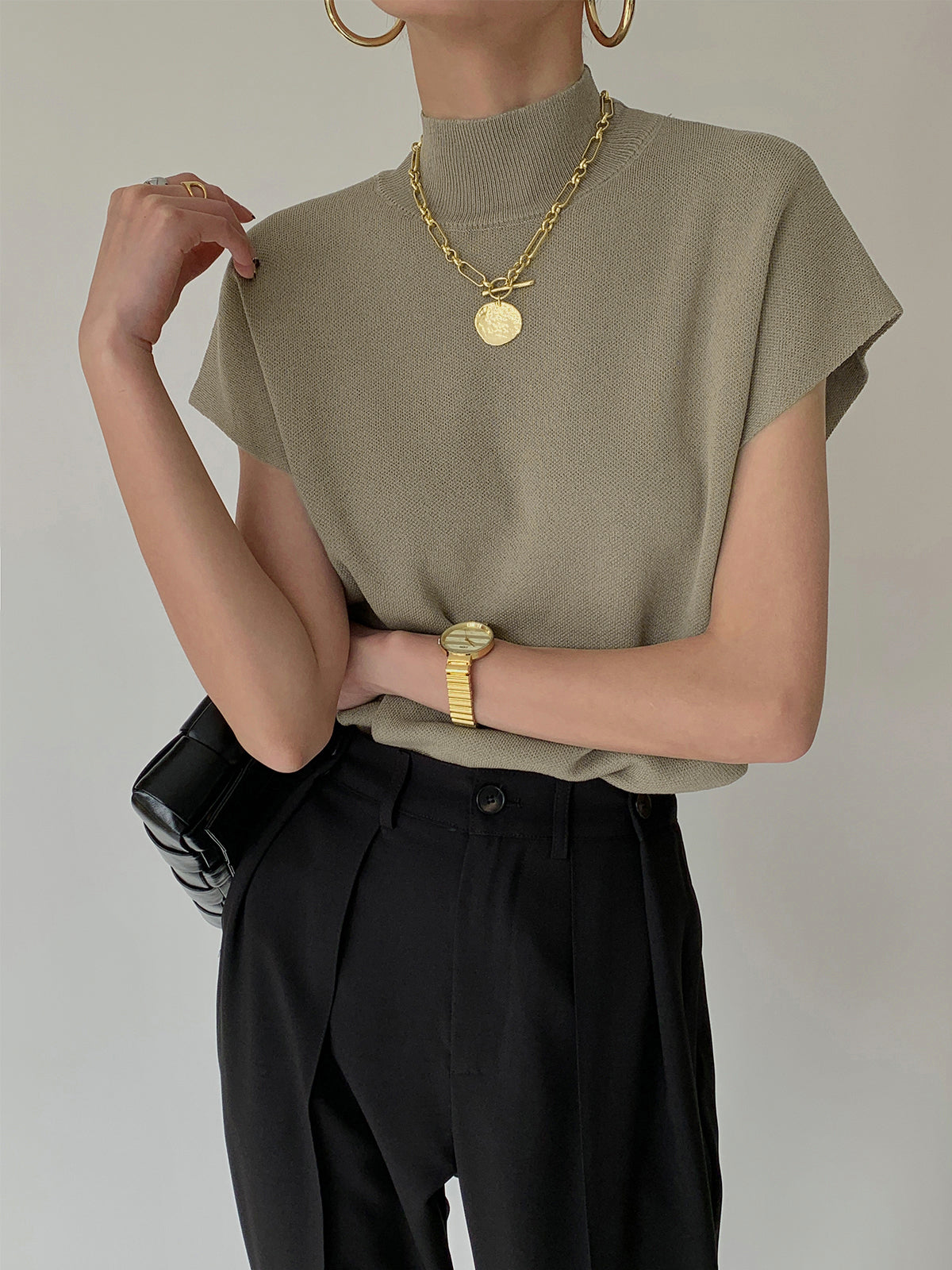 Oriana Extended Shoulder Sleeveless High Neck Knit Top - Khaki