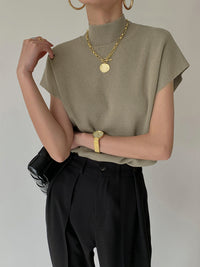 Oriana Extended Shoulder Sleeveless High Neck Knit Top
