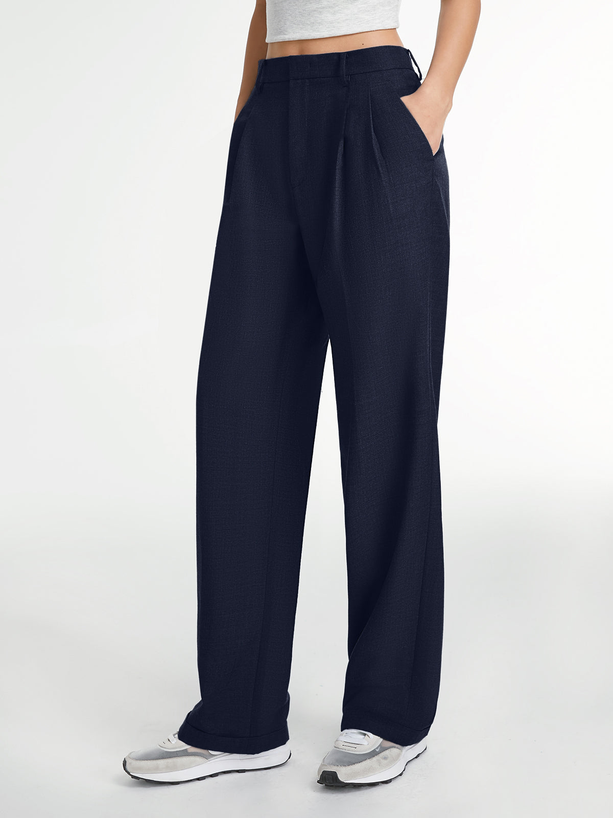 Huguette Front Pleat Tailored High Waist Wide Leg Trousers - Navy