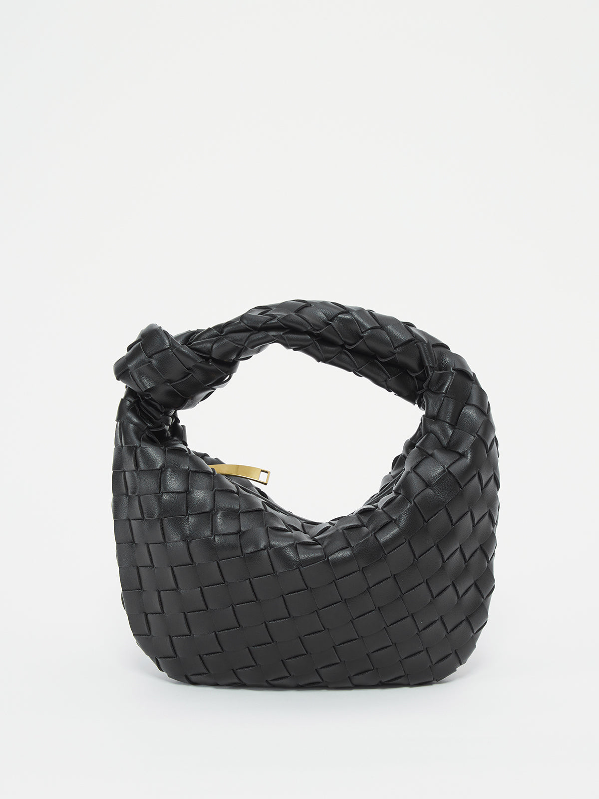 Fleur Woven Knot Handle Curved Mini Hobo Shoulder Bag - Black
