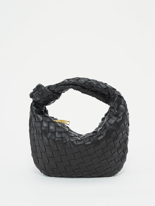 Fleur Woven Knot Handle Curved Mini Hobo Shoulder Bag - Black