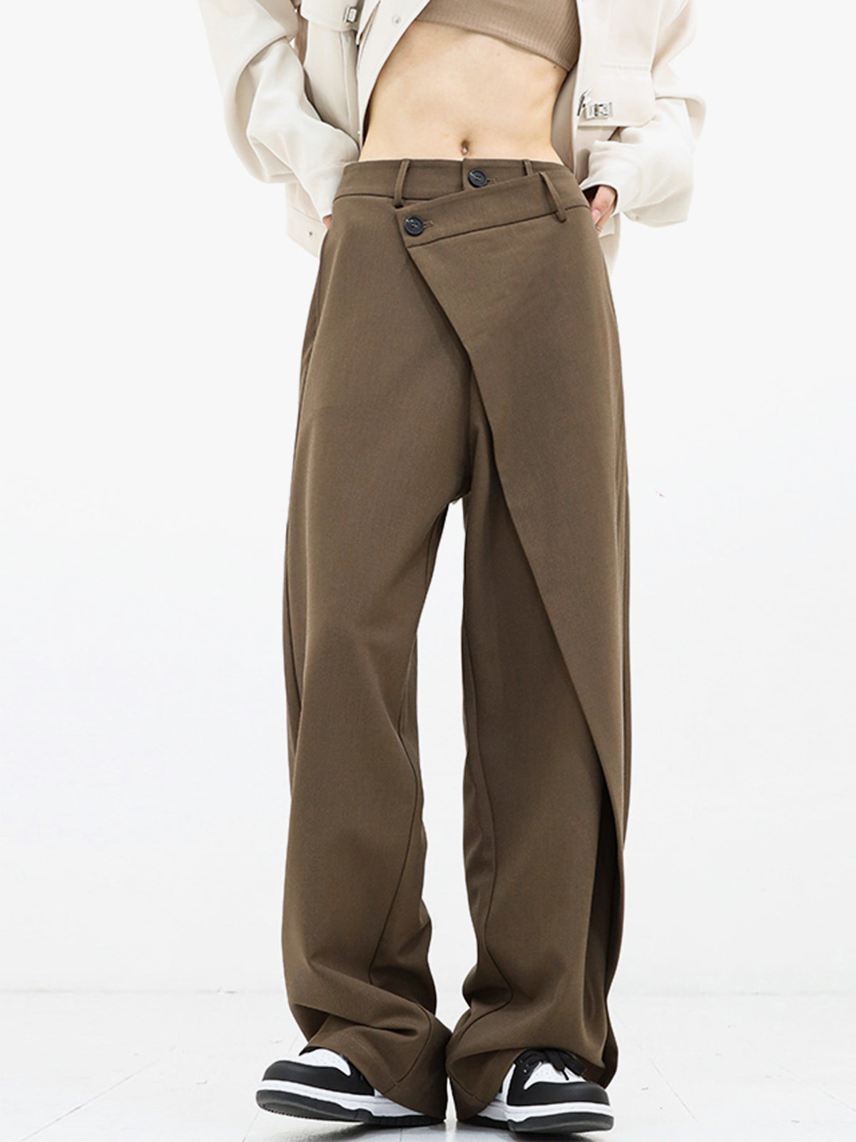 Janine Asymmetric Wrap Waistband Wide Leg Tailored Trousers - Light Brown