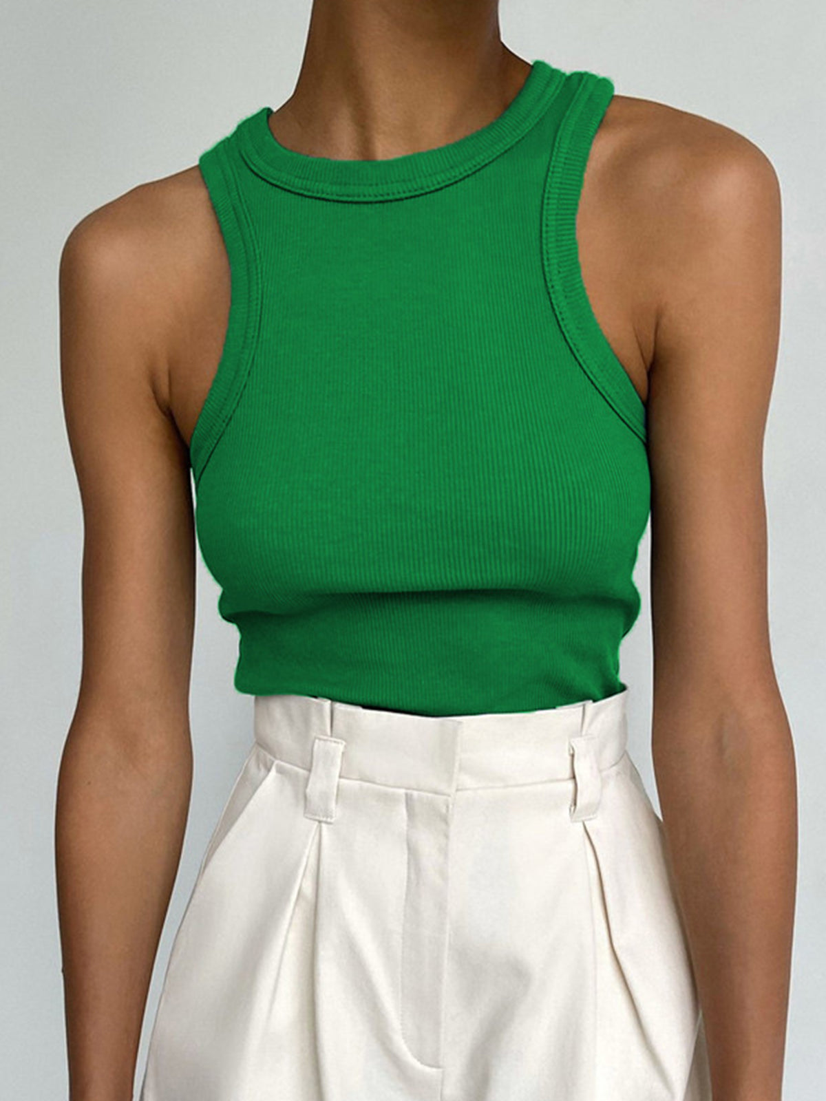Sylvette Racer Neck Fine Rib Fitted Everyday Vest Tank Top - Green