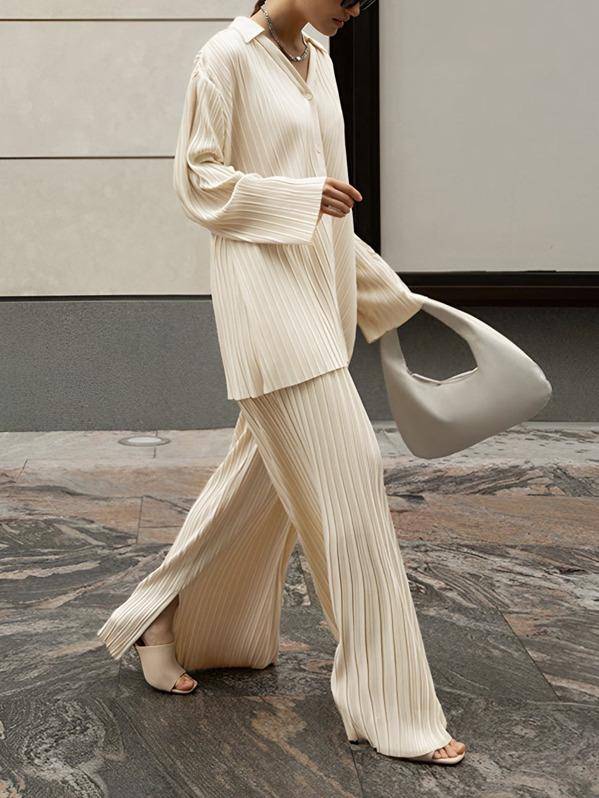 Willa Fine Pleat Collared Shirt and Wide Trouser Set