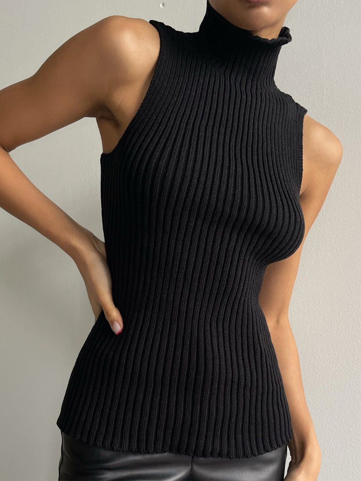 Albertine Wide Rib High Neck Sleeveless Fitted Knit Tank Top - Black