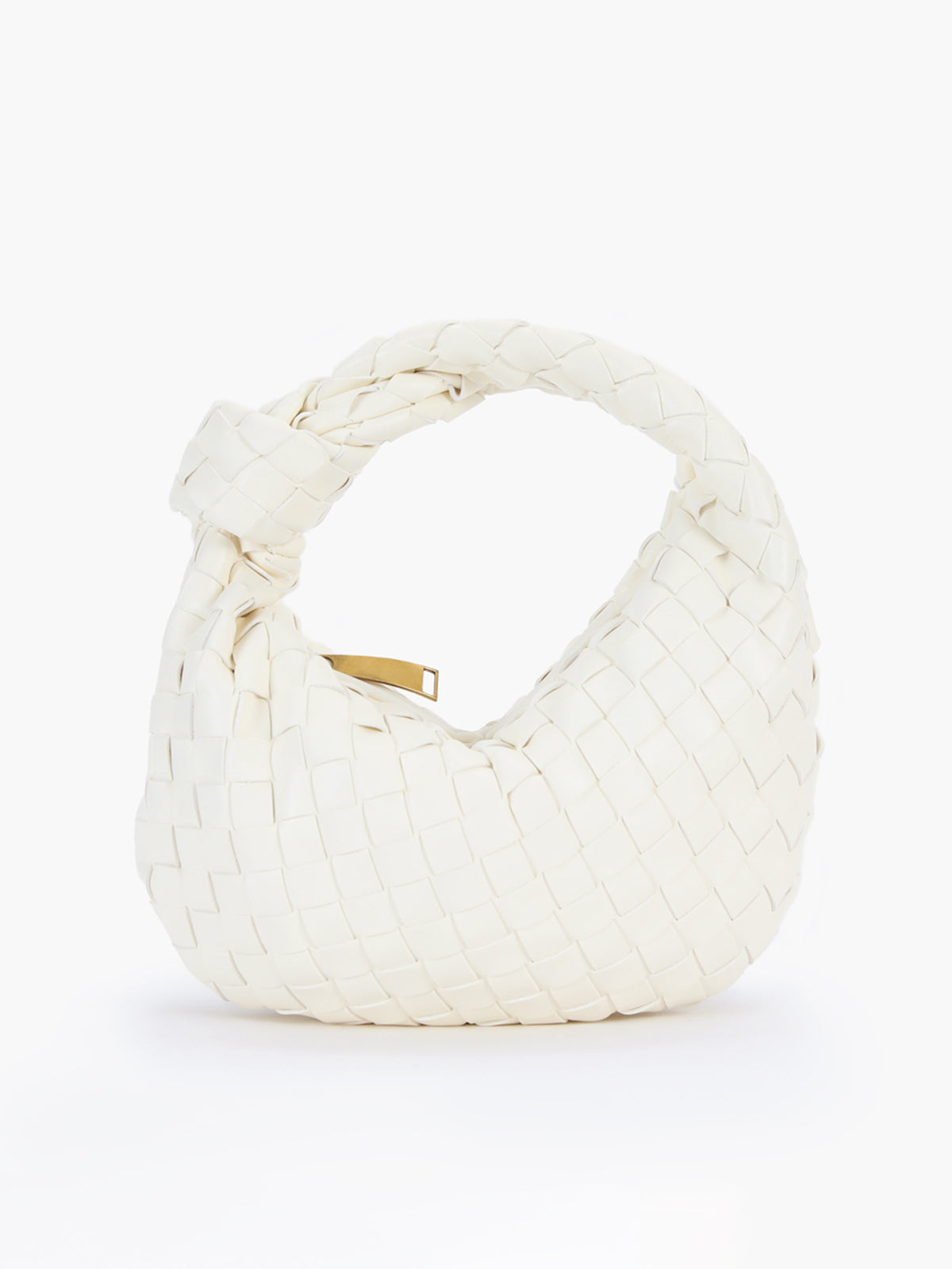 Fleur Woven Knot Handle Curved Mini Hobo Shoulder Bag - White