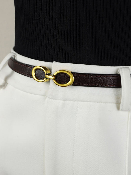 Willow Slim Strap Double Ring Gold Buckle Belt - Brown