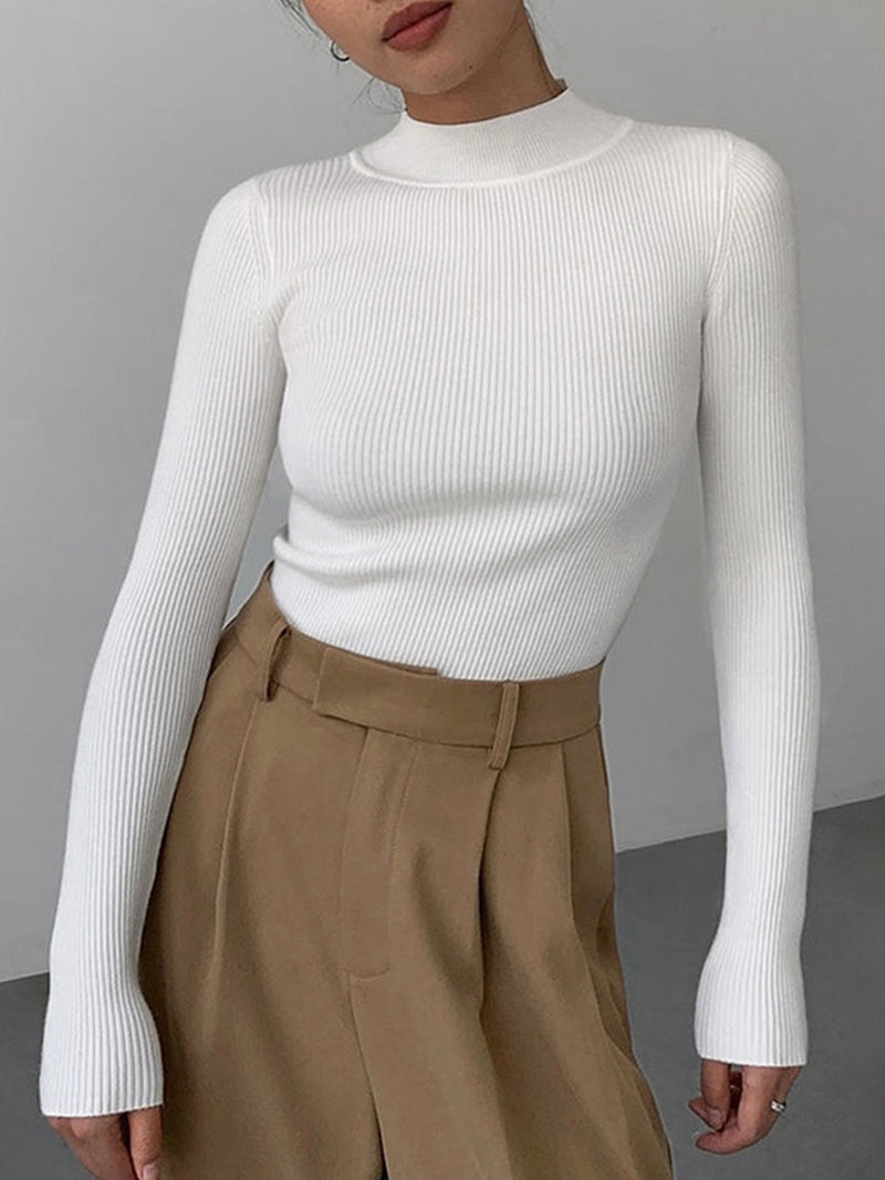 Valeria Fine Rib High Neck Long Sleeve Fitted Knit Top