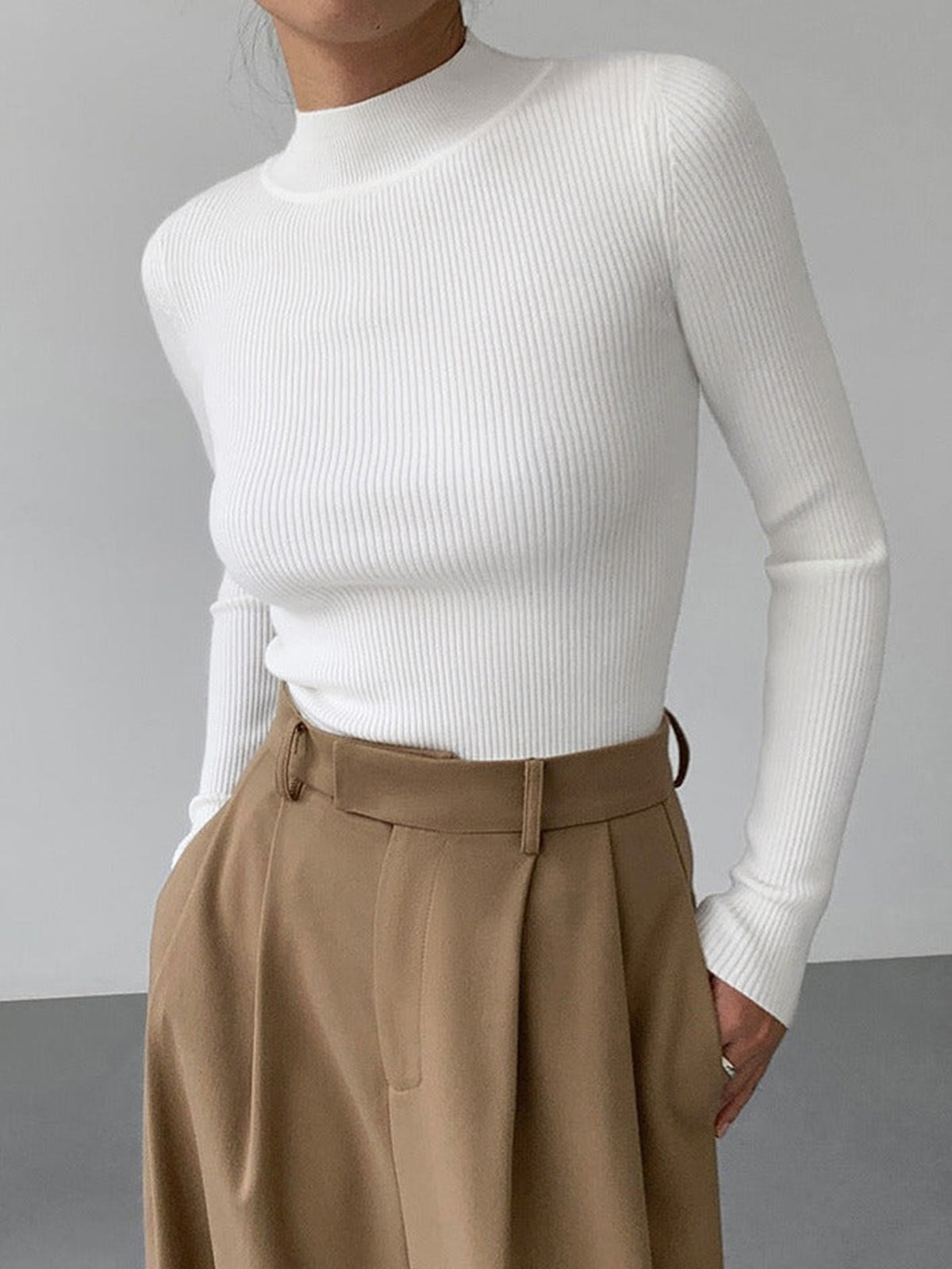Valeria Fine Rib High Neck Long Sleeve Fitted Knit Top