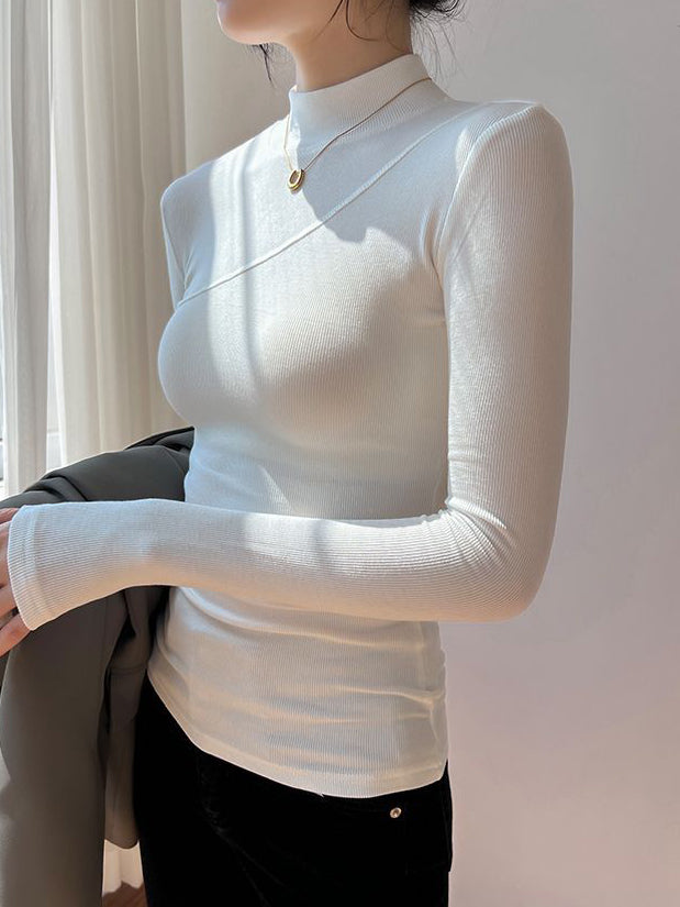 Aveline Diagonal Seam Fine Rib High Neck Fitted Knit Top