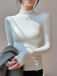 Aveline Diagonal Seam Fine Rib High Neck Fitted Knit Top