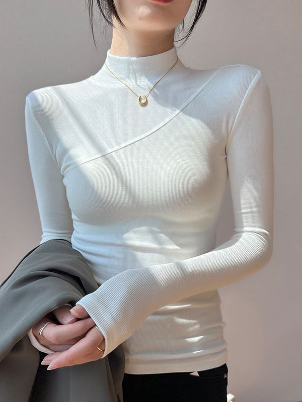 Aveline Diagonal Seam Fine Rib High Neck Fitted Knit Top