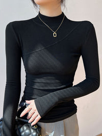 Aveline Diagonal Seam Fine Rib High Neck Fitted Knit Top