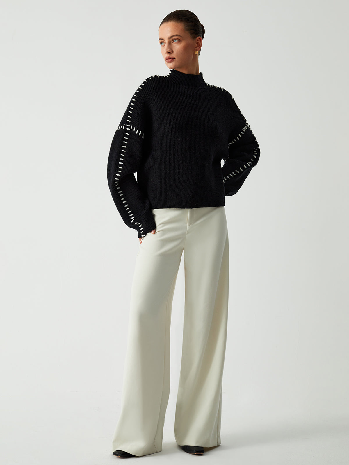 Bronte Contrast Blanket Stitch Boxy Mock Neck Knit Jumper