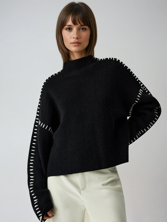 Bronte Contrast Blanket Stitch Boxy Mock Neck Knit Jumper