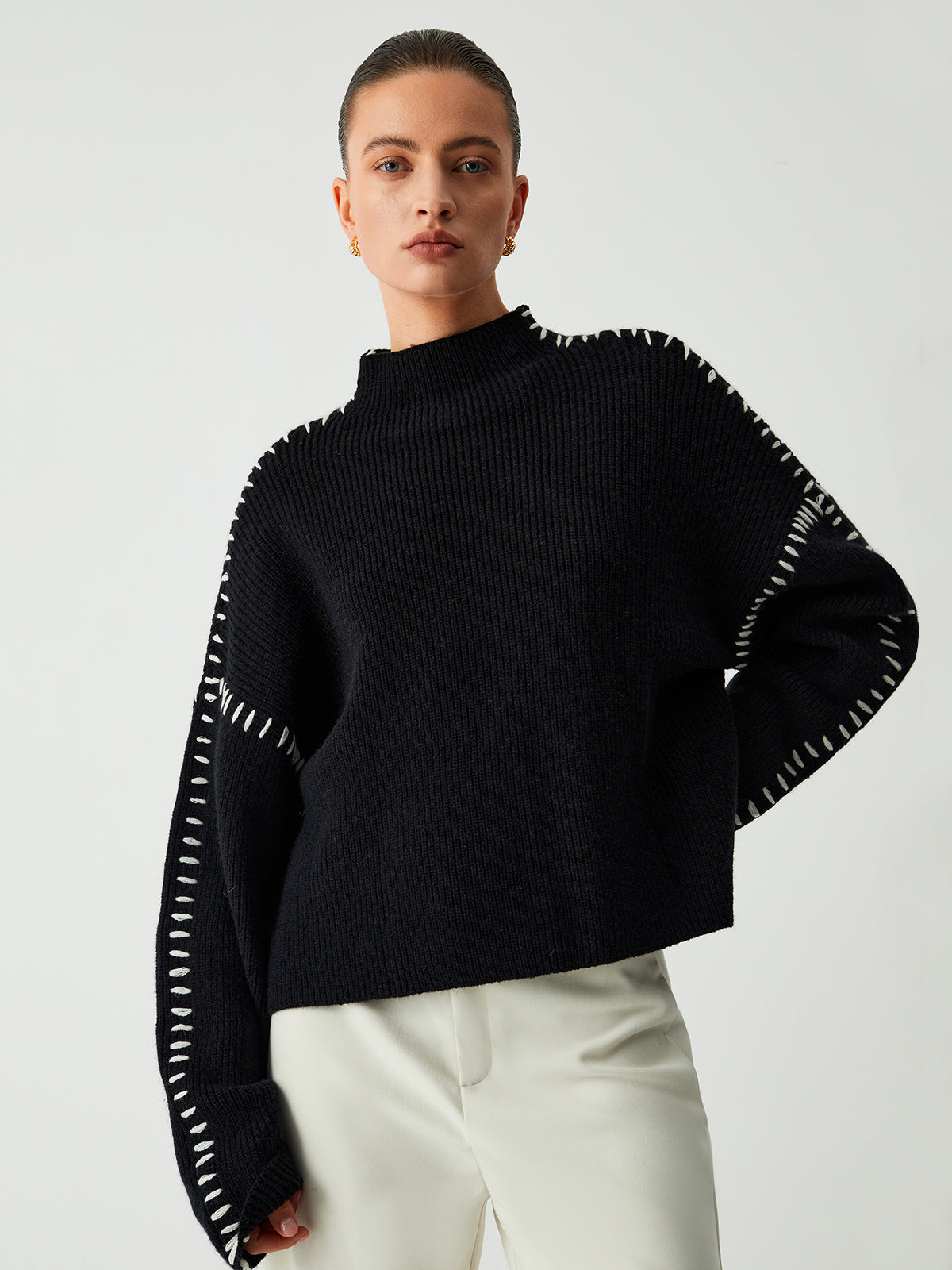Bronte Contrast Blanket Stitch Boxy Mock Neck Knit Jumper - Black