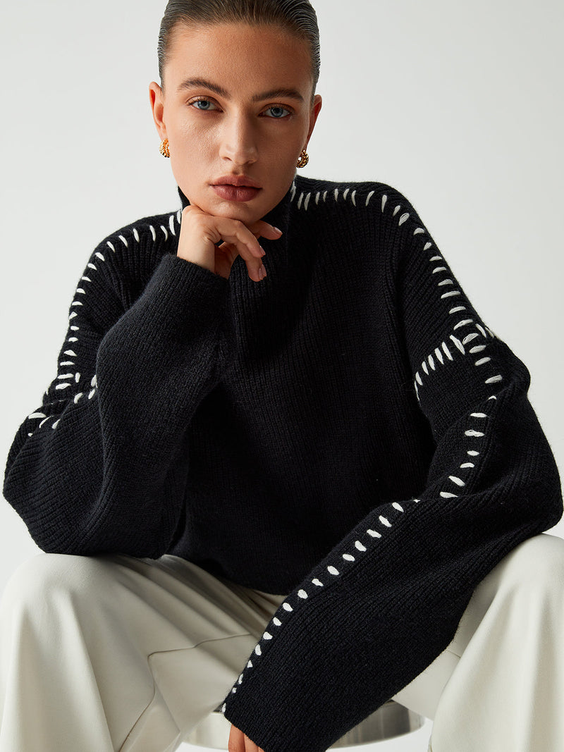 Bronte Contrast Blanket Stitch Boxy Mock Neck Knit Jumper
