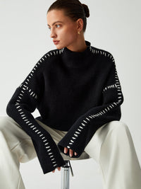 Bronte Contrast Blanket Stitch Boxy Mock Neck Knit Jumper