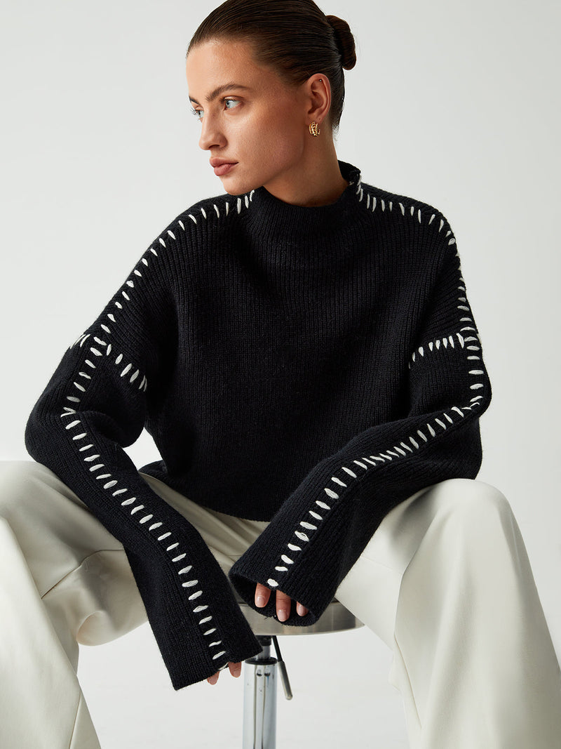 Bronte Contrast Blanket Stitch Boxy Mock Neck Knit Jumper