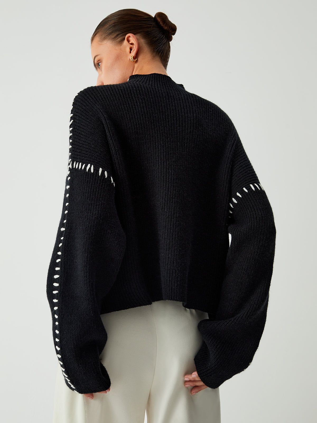 Bronte Contrast Blanket Stitch Boxy Mock Neck Knit Jumper