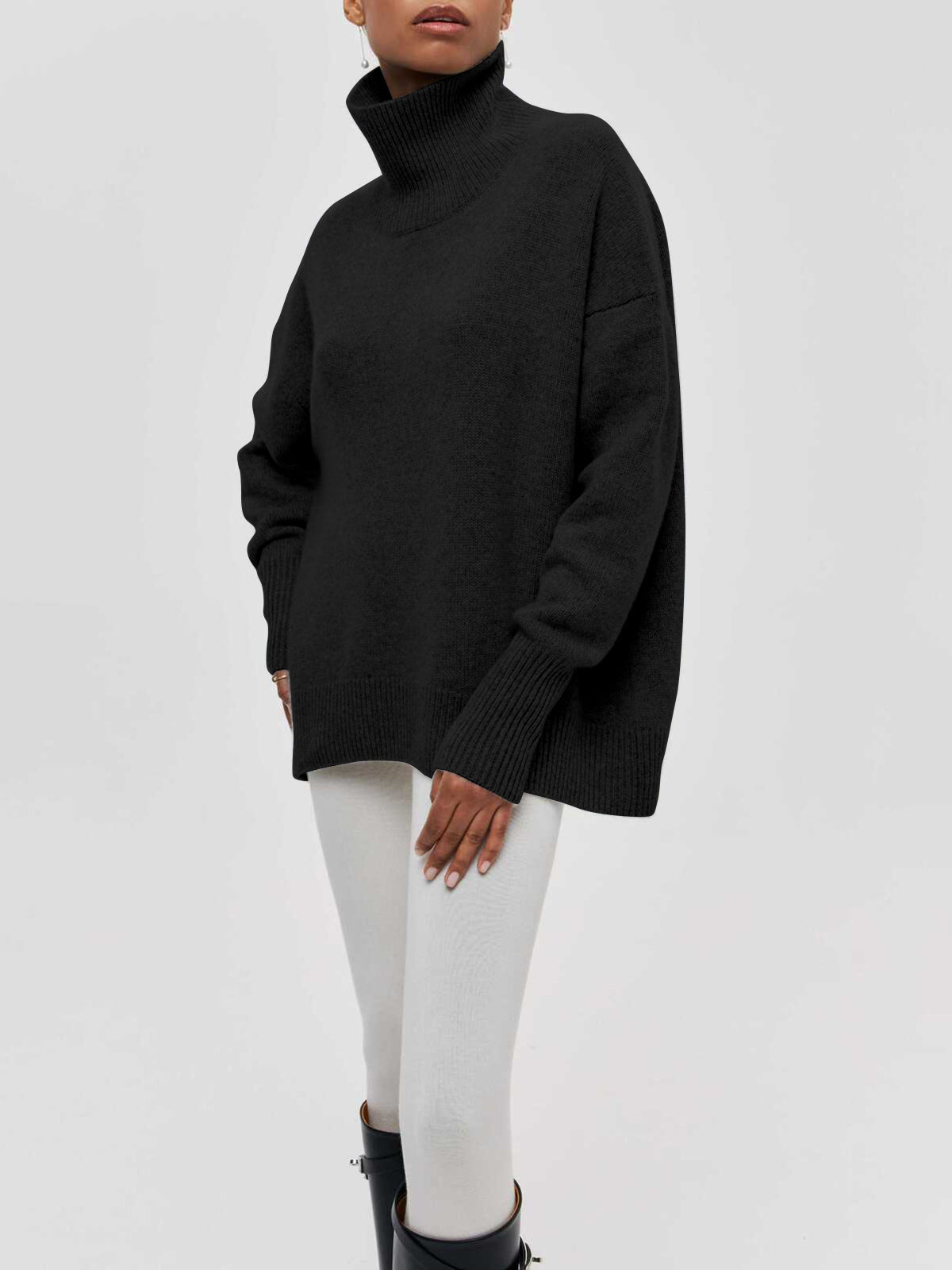 Yvette Oversized Roll Neck Drop Shoulder Boxy Knit Jumper - Black