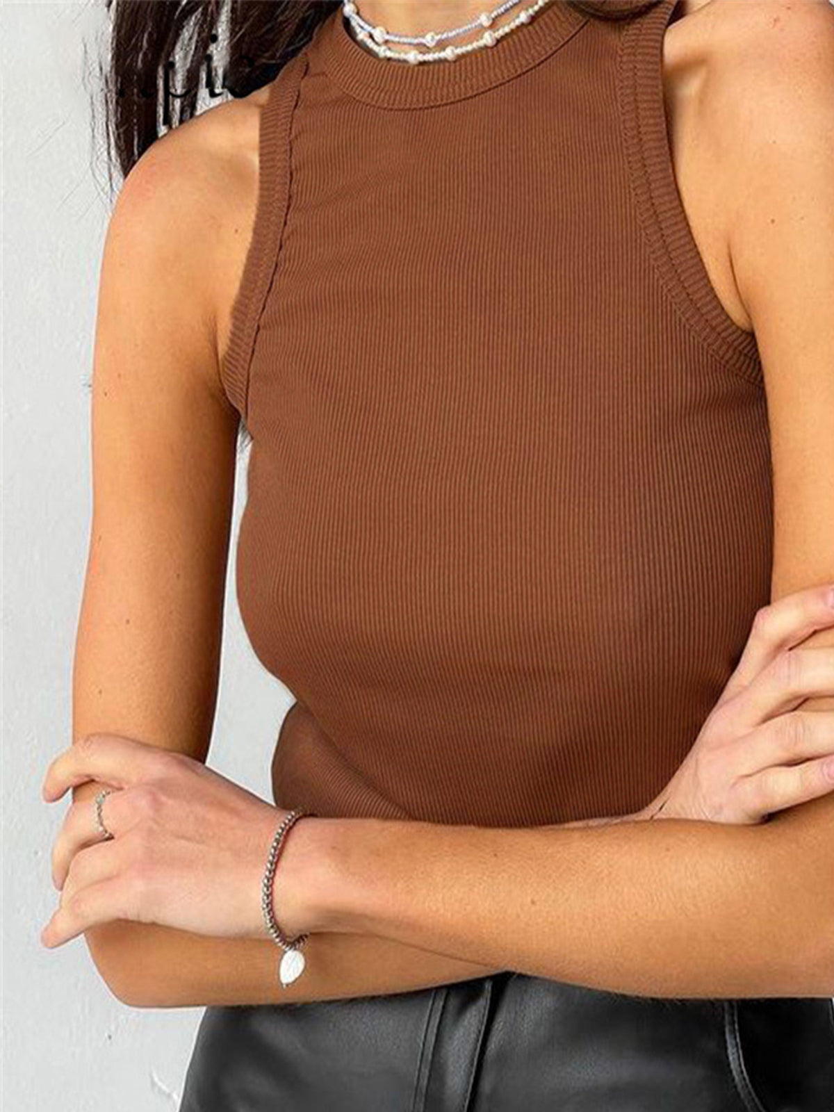 Sylvette Racer Neck Fine Rib Fitted Everyday Vest Tank Top - Brown