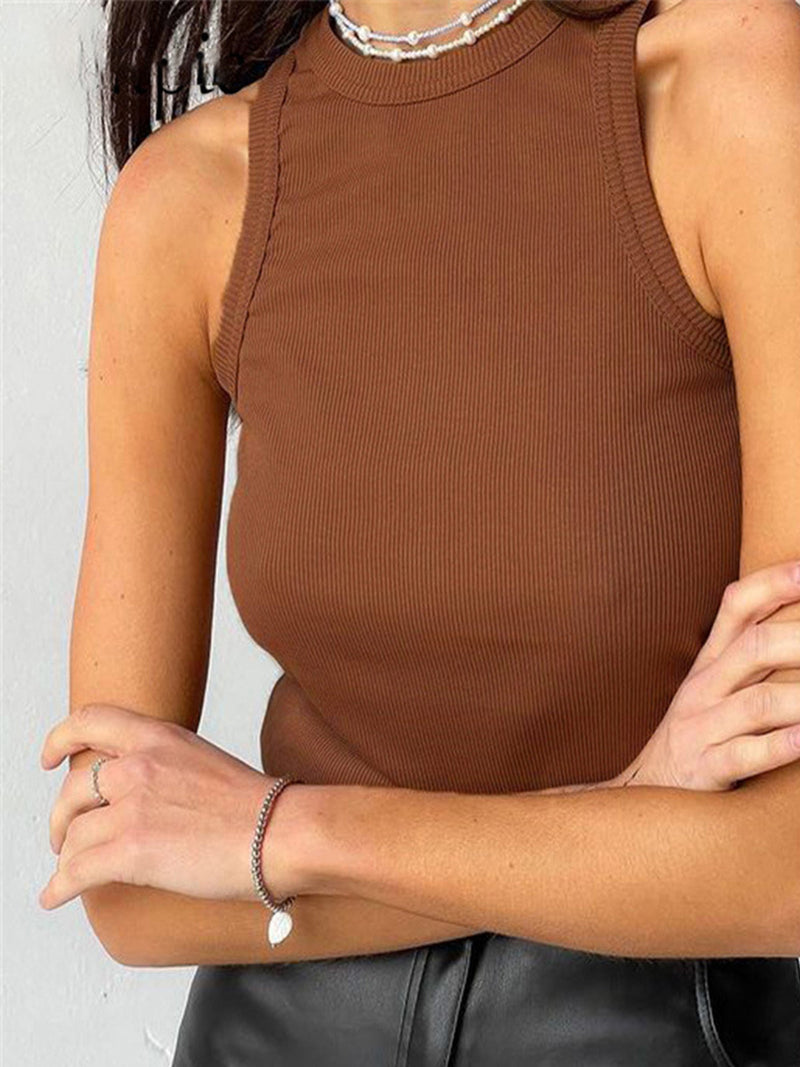 Sylvette Racer Neck Fine Rib Fitted Everyday Vest Tank Top