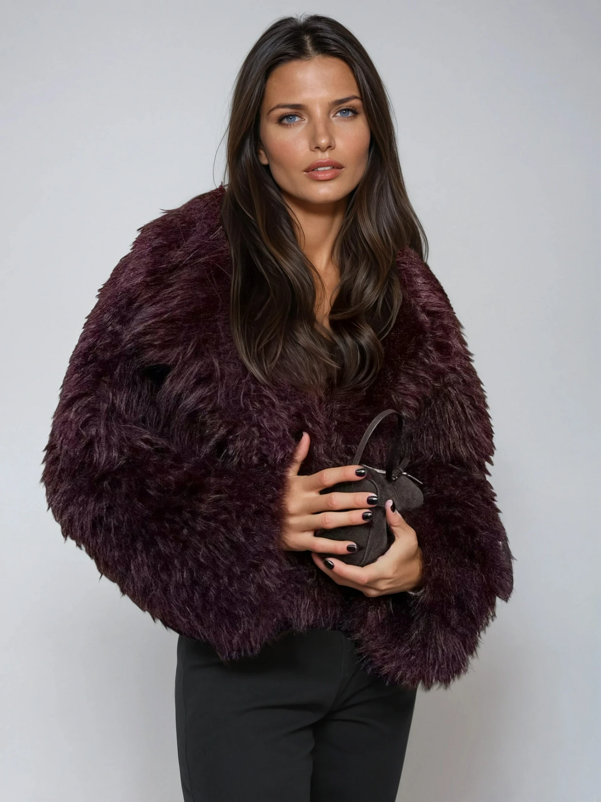 Selma Shaggy Long Pile Faux Fur Cropped Evening Jacket - Burgundy