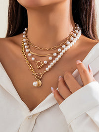 Ruby Pearl Row and Flat Chain Layered Necklace
