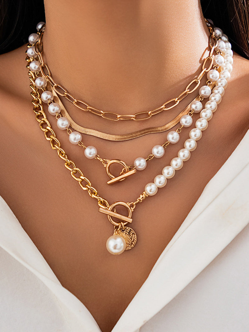 Ruby Pearl Row and Flat Chain Layered Necklace