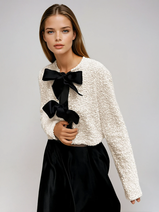 Magdalena Satin Bow Front Cropped Boucle Knit Jacket - Beige