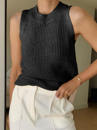 Bernadine Open Crochet Knit High Neck Sleeveless Boxy Vest Top