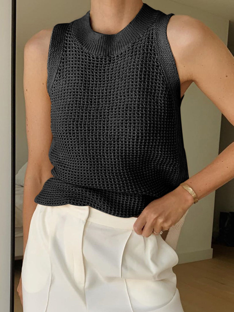 Bernadine Open Crochet Knit High Neck Sleeveless Boxy Vest Top