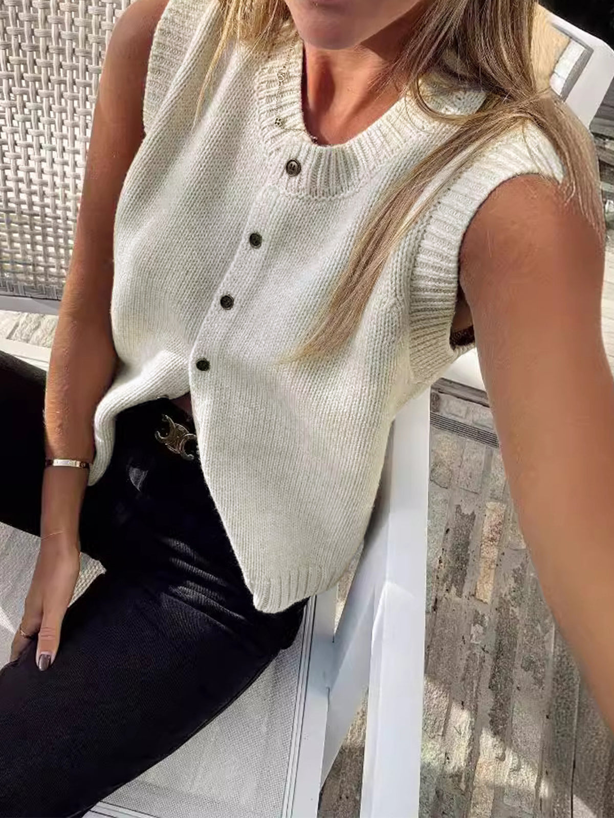 Perdita Button Front Sleeveless Cable Knit Vest Tank - Apricot