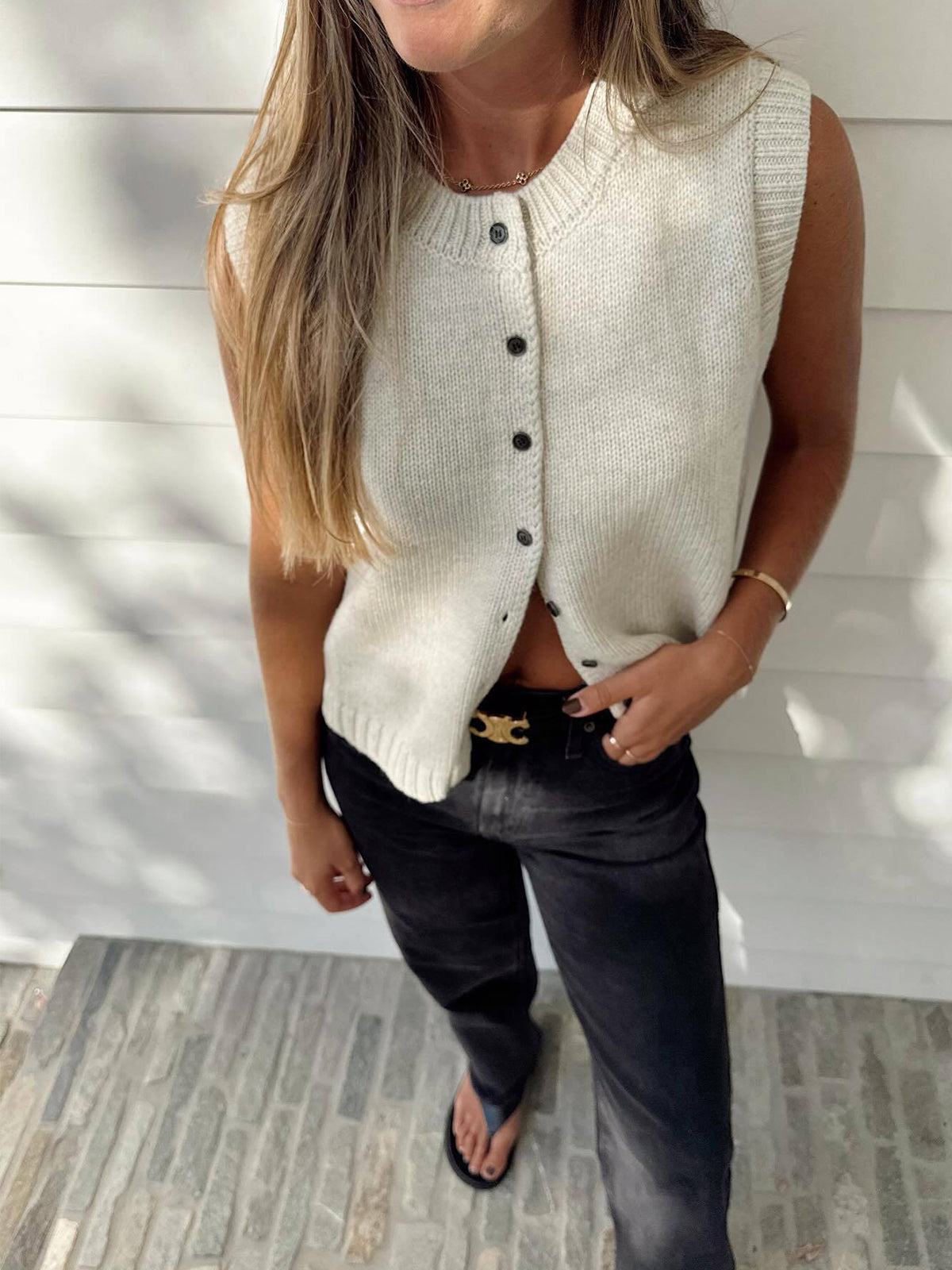 Perdita Button Front Sleeveless Cable Knit Vest Tank
