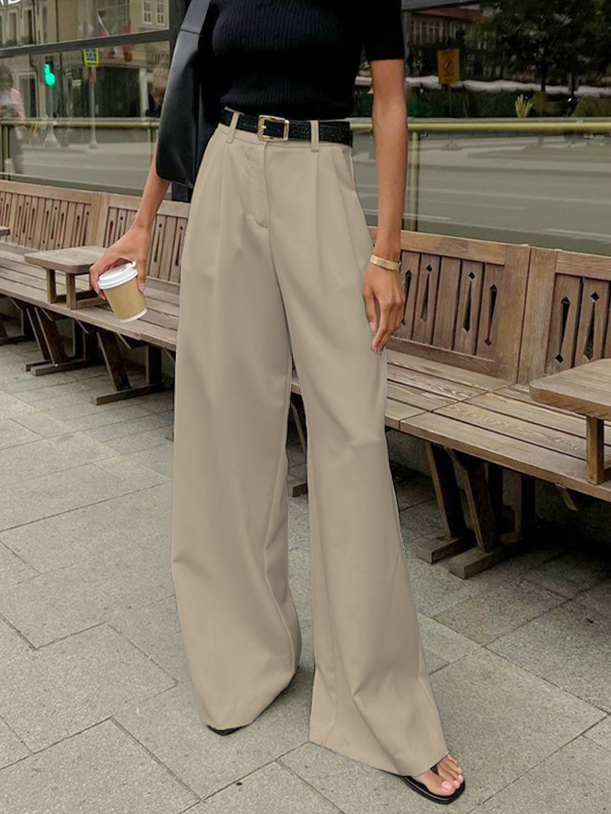 Raymonde Contrast Waistband Tailored High Rise Wide Leg Trousers - Beige