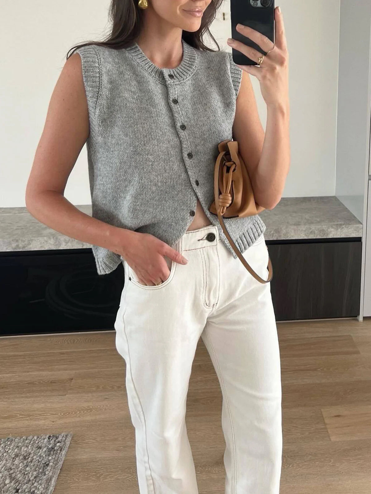 Perdita Button Front Sleeveless Cable Knit Vest Tank - Light Grey