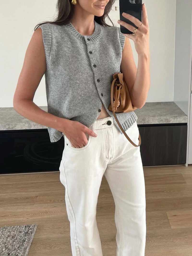 Perdita Button Front Sleeveless Cable Knit Vest Tank